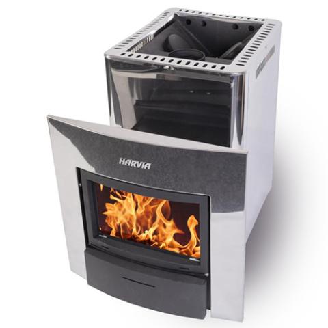 Harvia Pro Series 20 Duo wood burning stove sauna heater with stainless steel body and dual-sided glass door.