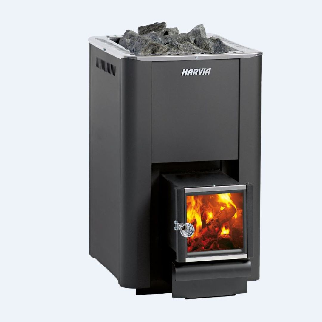 Harvia Pro 20 SL wood-burning sauna stove with firebox extension and stainless steel finish.
