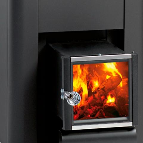 Harvia Pro 20 SL wood-burning sauna stove with firebox extension, sleek black design for commercial and home use