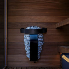 Harvia Spirit Series sauna heater in sleek black, featuring controls for 6kW and 8kW settings.