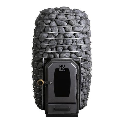 HUUM Hive Wood Series sauna heater in sleek wooden design, available in 13kW and 17kW variants with firebox extension.