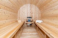 6-Person Eastern White Cedar Barrel Sauna with Porch | Canadian Made Outdoor Sauna | Biohacker Direct