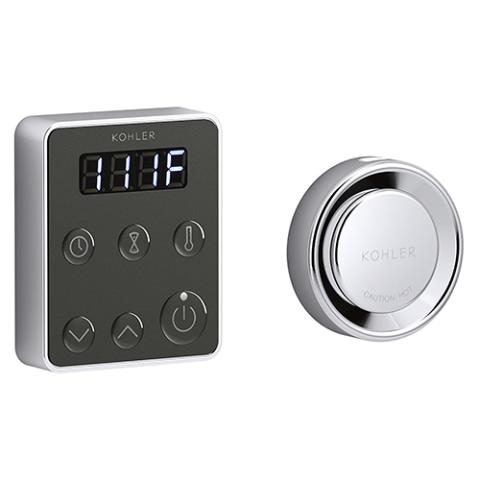 Kohler K-5557 digital control panel with polished chrome finish and buttons for temperature and timer settings.