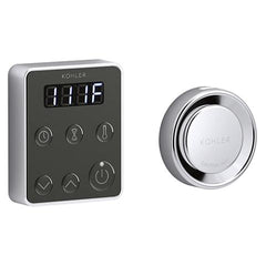 Kohler K-5557 digital control panel with polished chrome finish and buttons for temperature and timer settings.