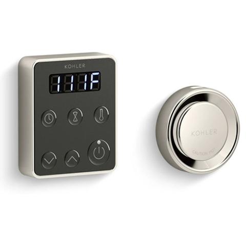 Kohler K-5557 digital temperature control panel with polished chrome finish and round dial for spa-like home comfort.