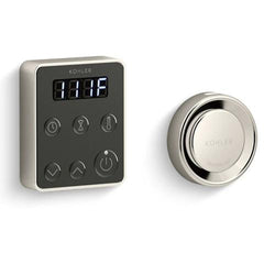 Kohler K-5557 digital temperature control panel with polished chrome finish and round dial for spa-like home comfort.
