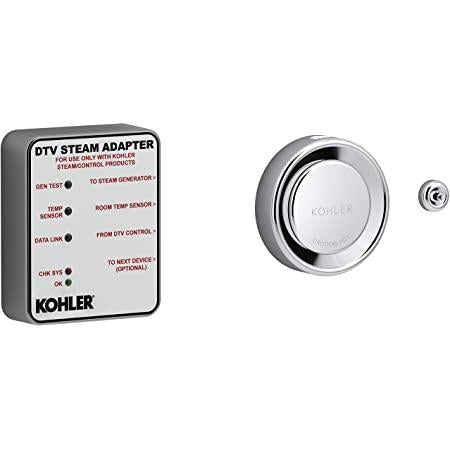 Kohler DTV steam adapter with polished chrome finish, includes control knob and connection panel.