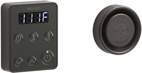 Kohler K-5557 matte black digital control panel with temperature display and adjustment buttons.