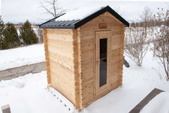 Dundalk 6x6 cedar cabin sauna with 2-tier benches for 3 persons, electric heating, natural wood finish.