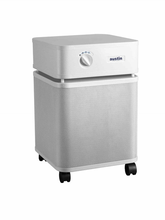 Austin Air Allergy Machine air purifier in sandstone color with a sleek design and easy-to-use controls.