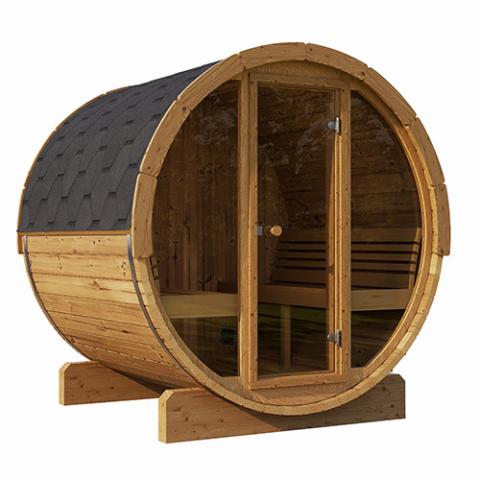 SaunaLife E7G Thermo-Spruce barrel sauna for 4 with bronzed glass front panel, perfect for backyard wellness.