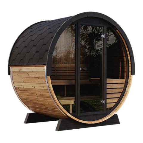 SaunaLife EE6G Thermo-Spruce barrel sauna for 4 people with an arched backrest in a sleek natural wood finish