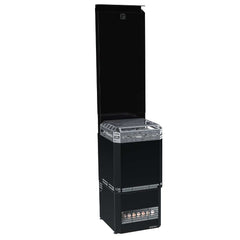 Saunum AIR L 13 black sauna heater, 13kW, sleek design with glass top and adjustable heat settings.