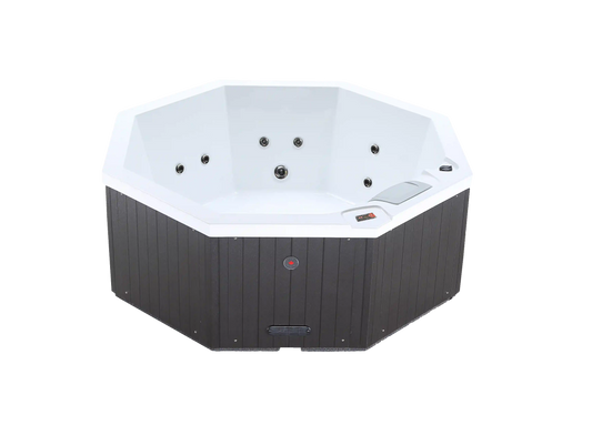 Canadian Spa Muskoka 5-person hot tub with 14 jets in a compact design, showcasing a sleek exterior and digital controls.