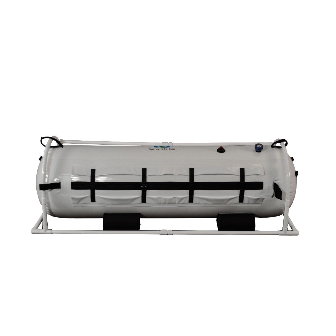 White hyperbaric chamber with adjustable straps and control panel, 26" by Summit To Sea.