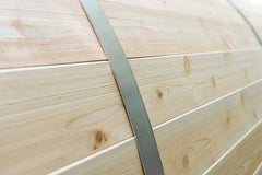 6-person Eastern White Cedar barrel sauna with porch, Canadian made by Dundalk