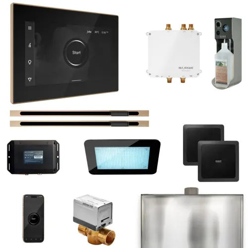 Steam shower package featuring Mr. Steam Bliss Max Linear generator, iSteamX control, and black face color with polished chr