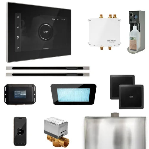 Black steam shower generator package by Mr.Steam with iSteamX control panel and various finish options.