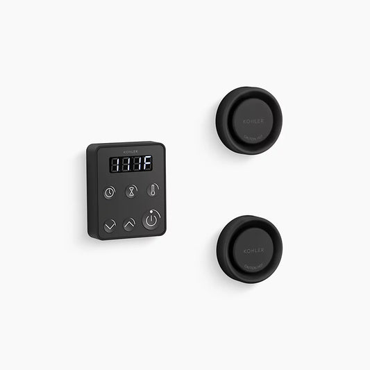 Kohler K-5558 black digital control panel with two knobs for temperature and settings adjustment