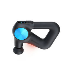 Black handheld massager with blue display on a white background