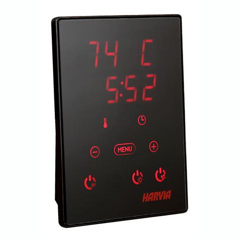 Harvia Xenio CX30 control panel with a black design, red LED display, and touch controls for sauna temperature settings.