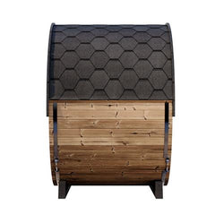SaunaLife EE6G Thermo-Spruce barrel sauna for 4, featuring arched backrest and natural wood finish, suitable for outdoor use