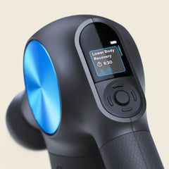 Theragun pro Plus with blue light and digital display on a beige background