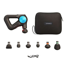 Massage gun with attachments and carrying case on a white background